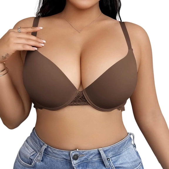 MGDXOX Women Plus Size Full Coverage V Neck Lace Spliced Underwire Bra Wide Adjustable Straps Side Smoothing Full Bust Support Bra Brown 95C