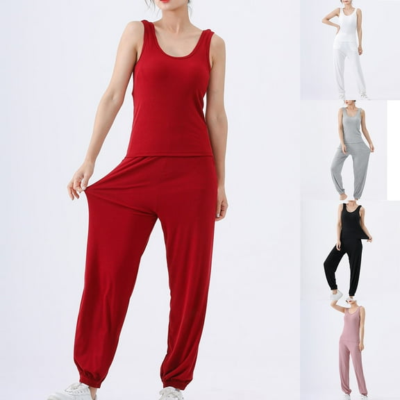 MGDXOX Women Ribbed Comfy Pajamas Sets Fashion Built in Bra Workout Running Outfits Sleeveless Tank Tops and Elastic Pants Black M