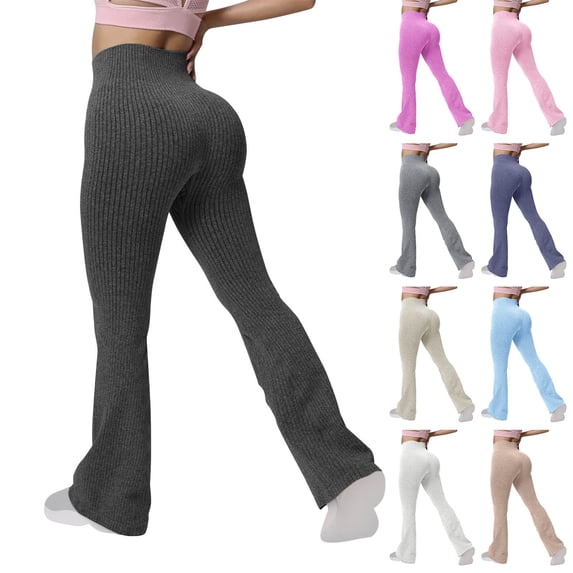 MGDXOX Women Ribbed Knit Flare Legging Yoga Sport Stretch Textured Leggings High Elastic Seamless Athletic Sweatpants White L