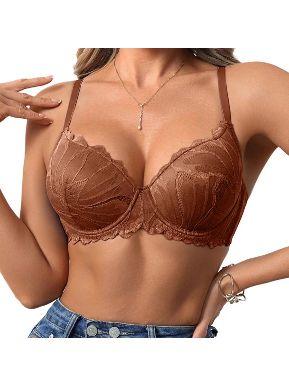 Women Scalloped Leaf Floral Lace V Neck Underwire Bra Thin Adjustable Straps Push Up Elegant Occasion Bra Brown 80C