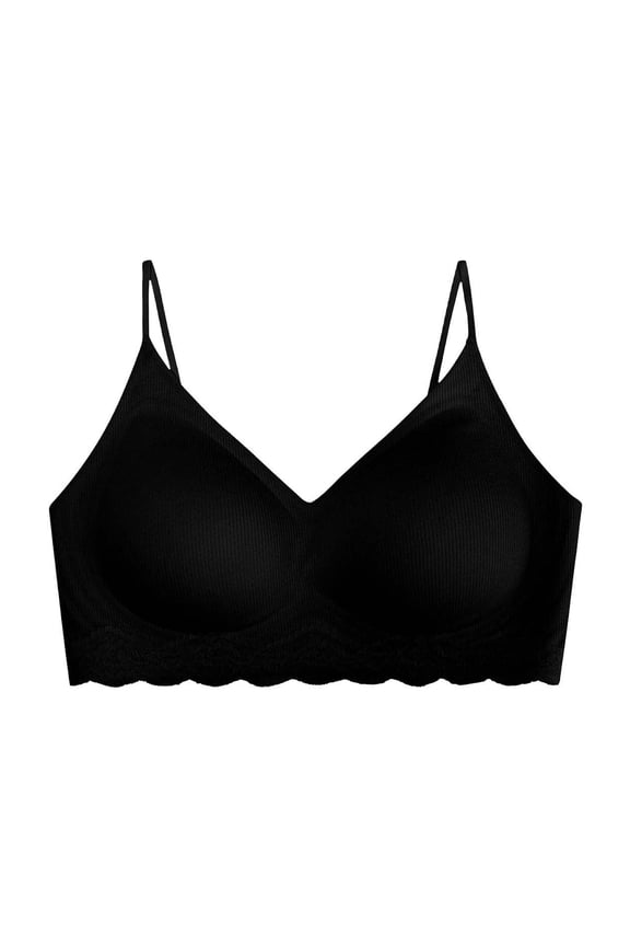 Women Scalloped Wave Hem V Neck Ribbed Wireless Bra Thin Adjustable Straps Seamless Soft Stretch Invisible Daily Basic Bra Black L
