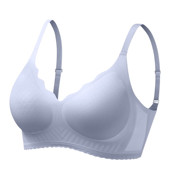 MGDXOX Women Scalloped Wave V Neck Vertical Ribbed Wireless Bra Thin Fully Adjustable Straps Lace Trim Hem High Elastic Sweat Wicking Gentle Shaping Breathable All Day Comfort Daily Bra Blue XXL