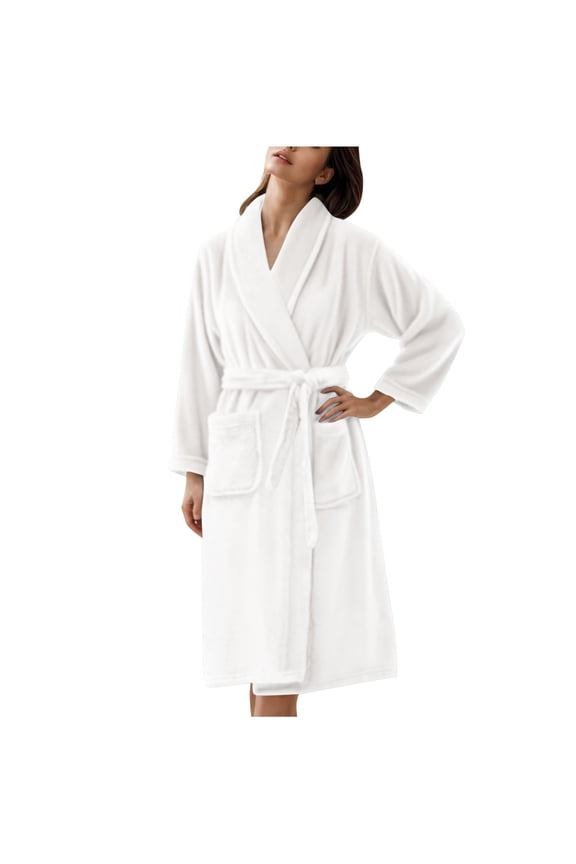 Women Shawl Collar Thick Coral Fleece Bath Robe Wrap Belt Mid Ankle Spa Robe with Pockets White XL
