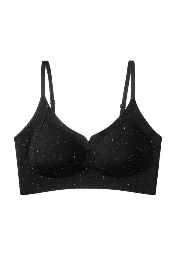 Women Star Glitter Seamless Wireless Bra Thin Adjustable Straps V Neck Invisible Everyday Lounge Bra Black XXL