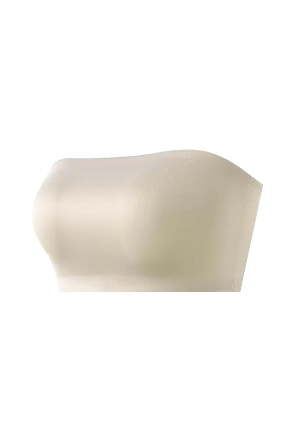Women Strapless Bandeau Seamless Wireless Bra Non Slip Silicone Inner Grip Matte Smooth Invisible Firm Support Removable Thin Straps Daily Wedding Evening Dress Base Comfort Bra Beige M