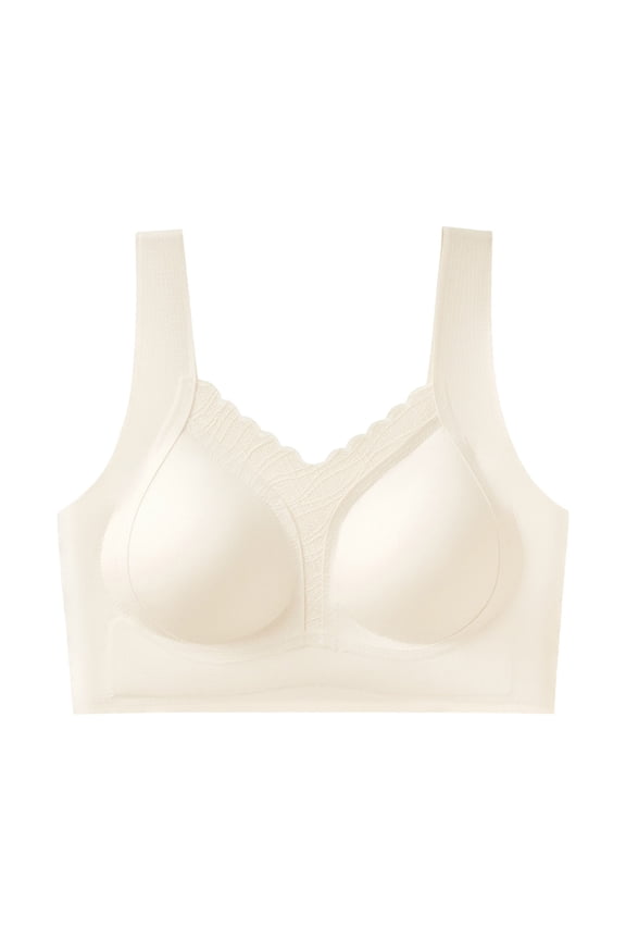Women V Neck Center Lace Panel Wireless Bra Wide Adjustable Straps Smooth Seamless Soft Side Smoothing Everyday Comfort Bra White L