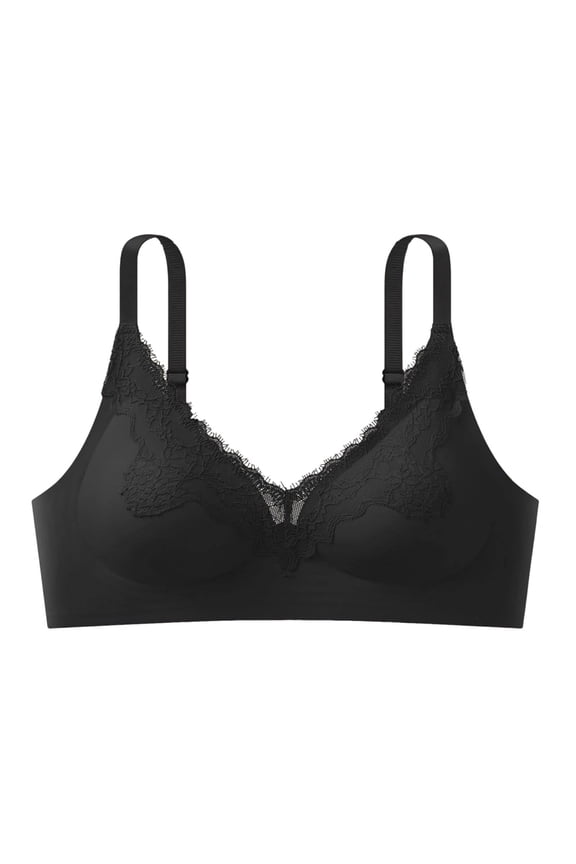 Women V Neck Scalloped Floral Lace Wireless Bra Thin Adjustable Straps Gentle Push Up Side Smoothing Elegant Casual Fashion Bra Black L