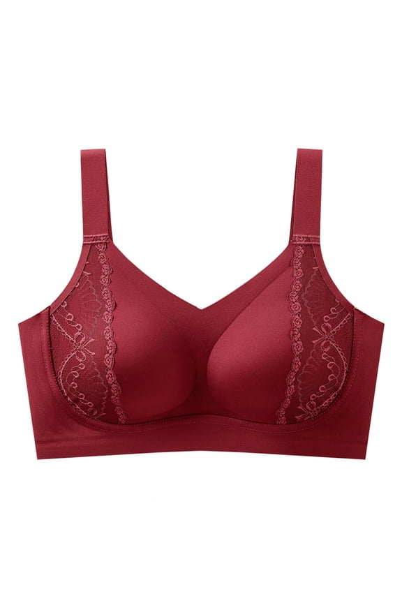 Women V Neck Side Lace Wireless Bra Wide Adjustable Straps Soft Support Seamless Everyday Comfort Lingerie Bra Wine M