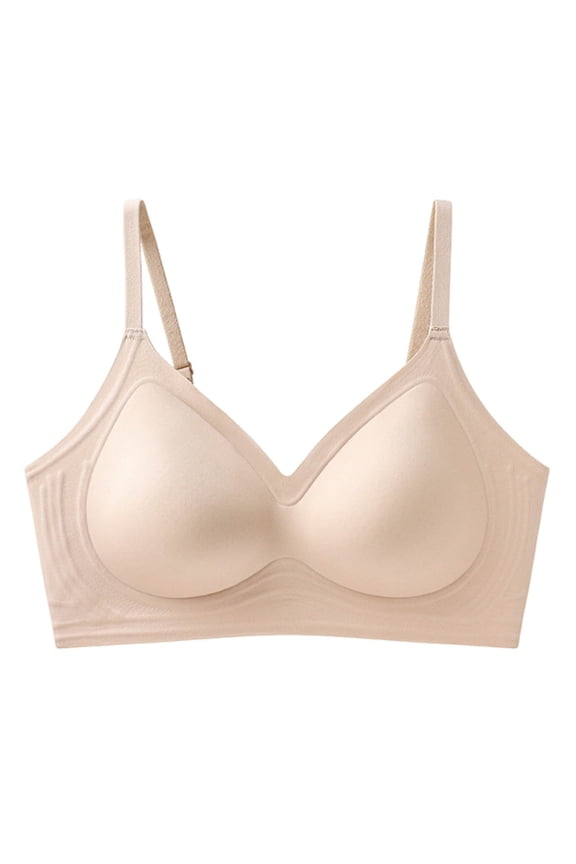 Women V Neck Vertical Ribbed Wireless Bra Thin Adjustable Straps Soft Molded Support Seamless Daily Basic Comfort Bra Khaki L