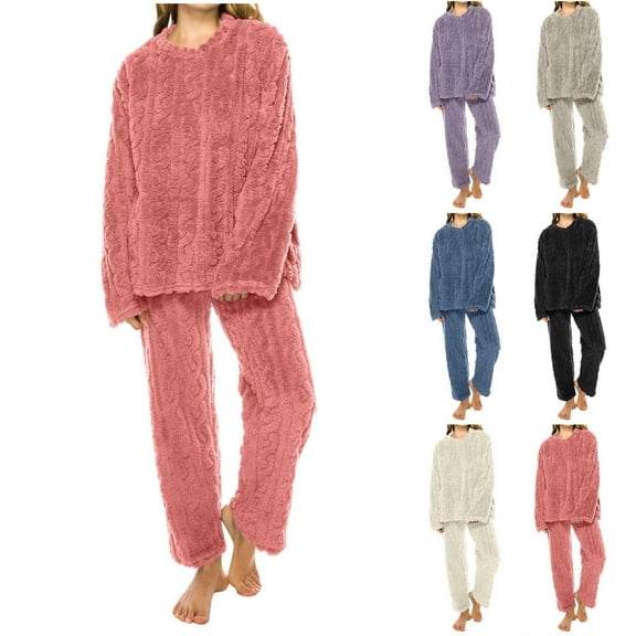 MGDXOX Women Winter Plush Pajamas Flannel Warm Sleepwear Round Neck Long Sleeve Chunky Night Suit Casual Loungewear Pink Free Size