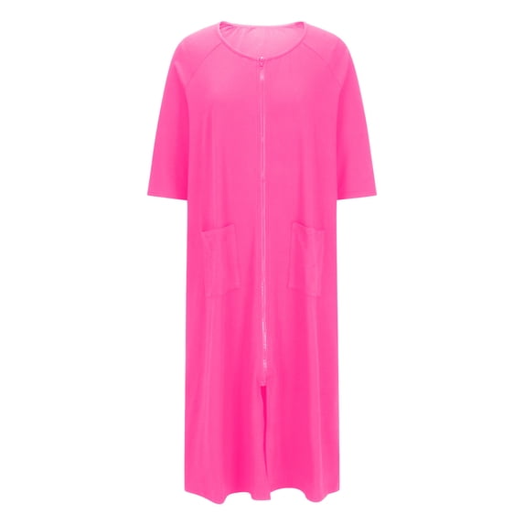 MGDXOX Women Zip Front House Coat Short Sleeve Robe Zip Up Bathrobes Full Length Nightgown Dress Nightie with Pockets Pink M