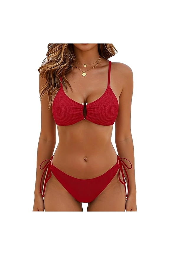 Women's 2 Piece Bikini Sets High Cut String Triangle Swimsuit Textured U-Wire Cheeky Solid Bathing Suits Red M