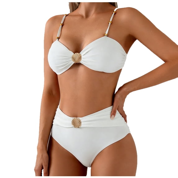 MGDXOX Women's 2 Piece Bikini Sets Seashell Ring Swimsuit High Waisted Cutout Beach Summer Swim Bathing Suits White XL