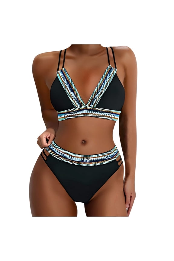 Women's 2 Piece Boho Tribal Bandage High Waisted Bikini Set Vintage Embroidery Strap Two Piece Swimsuit for Summer Vacation Black L