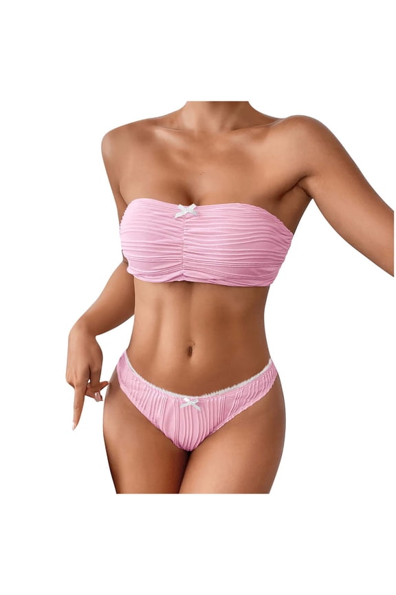 Women's 2 Piece Bow Accent Ruched Bandeau Triangle Bikini Set Strapless Cute Two Piece Swimsuit Pink S