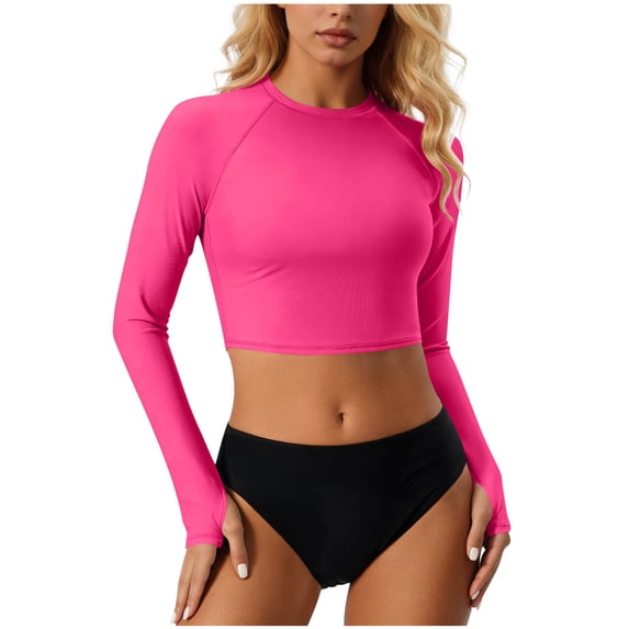 MGDXOX Women's 2 Piece Long Sleeve Rash Guard Swimsuit UPF 50+ Cropped Rashguard Top with High Waisted Bottom Athletic Swimwear for Surfing Diving Hot Pink XL