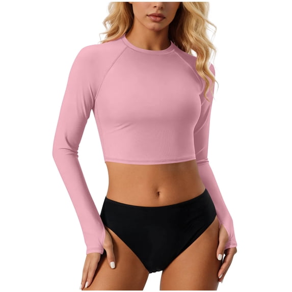 MGDXOX Women's 2 Piece Long Sleeve Rash Guard Swimsuit UPF 50+ Cropped Rashguard Top with High Waisted Bottom Athletic Swimwear for Surfing Diving Pink S