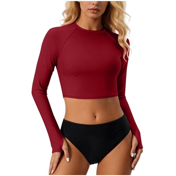 MGDXOX Women's 2 Piece Long Sleeve Rash Guard Swimsuit UPF 50+ Cropped Rashguard Top with High Waisted Bottom Athletic Swimwear for Surfing Diving Red XL