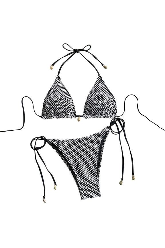 Women's 2 Piece Mesh String Bikini Set Halter Triangle Top with Tie Side Thong Bottom See Through Fishnet Bathing Suit for Summer Pool Party Black S