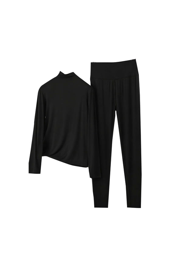 Women's 2 Piece Outfit Modal Lounge Set Casual Mock Turtleneck Long Sleeve Tops and Wide Leg Pants Soft Comfy Pajamas Black M