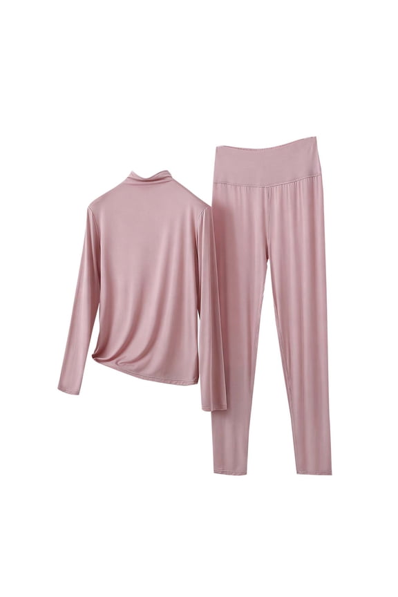 Women's 2 Piece Outfit Modal Lounge Set Casual Mock Turtleneck Long Sleeve Tops and Wide Leg Pants Soft Comfy Pajamas Pink M