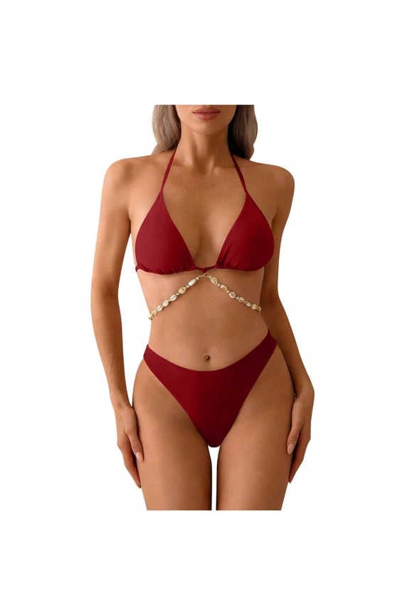 Women's 2 Piece Shell Decor Bikini Halter Tie Side Triangle Set High Cut Bikini Swimsuit Bathing Suit Wine XL