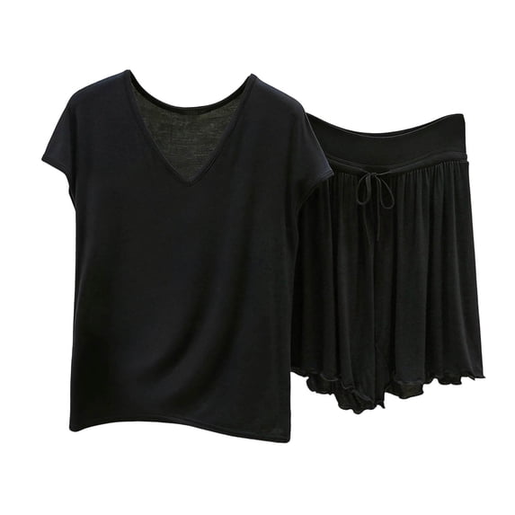 MGDXOX Women's 2 Piece V Neck Short Sleeve Top & Ruffle Hem Shorts Pajama Set Soft Loungewear Sleepwear Black XL