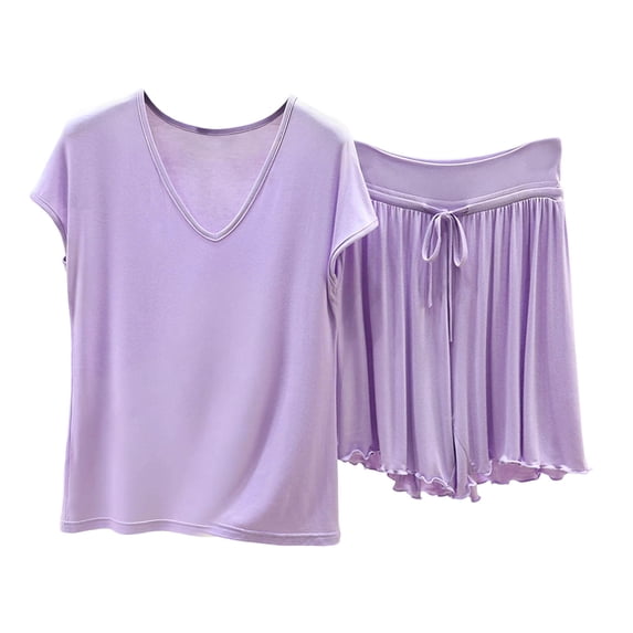 MGDXOX Women's 2 Piece V Neck Short Sleeve Top & Ruffle Hem Shorts Pajama Set Soft Loungewear Sleepwear Purple M