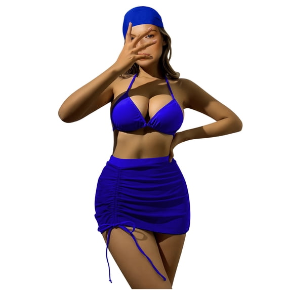 MGDXOX Women's 3 Piece Halter Bikini Set Push Up Triangle Top High Cut Bottom Ruched Drawstring Skirt Cover Up Blue M