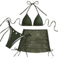 thumbnail image 1 of MGDXOX Women's 3 Piece Halter Swim Set Tie Closure Triangle Bikini Top Cheeky Bottom Sheer Mesh Cover Up Skirt Army Green S, 1 of 9