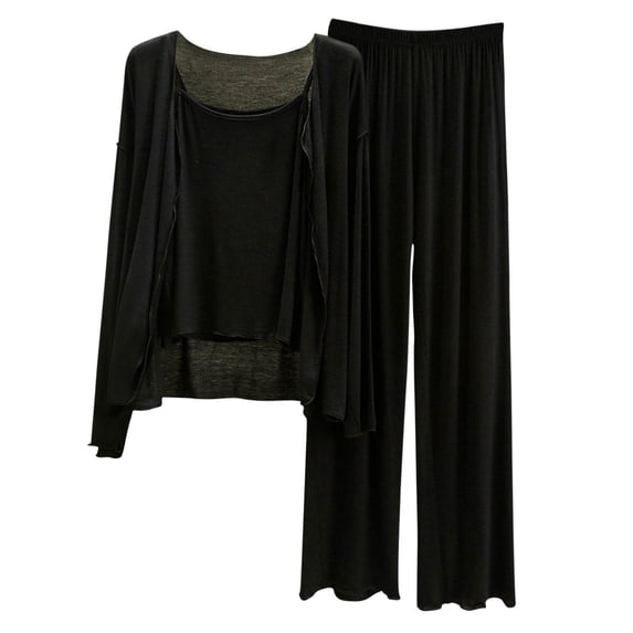MGDXOX Women's 3 Piece Pajama Set Modal Cardigan Tank Top and Loose Pants Soft Cozy Comfy Solid Color Loungewear Sets Black XXL