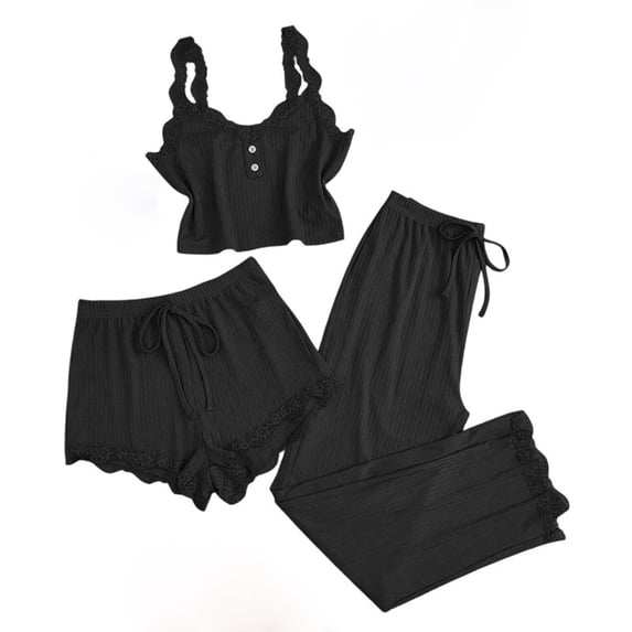 MGDXOX Women's 3 Piece Ruffle Strap Button Front Cami Top & Shorts & Pants Pajama Set Ribbed Lace Trim Loungewear Sleepwear Black L6