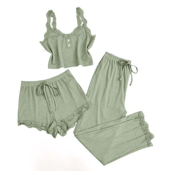 MGDXOX Women's 3 Piece Ruffle Strap Button Front Cami Top & Shorts & Pants Pajama Set Ribbed Lace Trim Loungewear Sleepwear Green L6