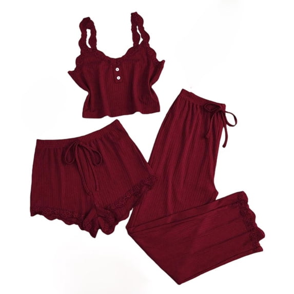 MGDXOX Women's 3 Piece Ruffle Strap Button Front Cami Top & Shorts & Pants Pajama Set Ribbed Lace Trim Loungewear Sleepwear Wine L5