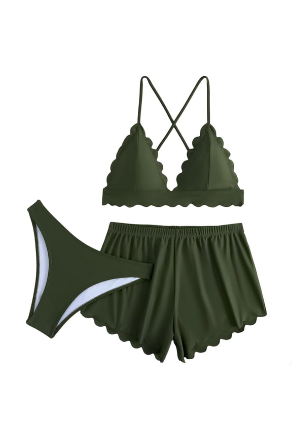 Women's 3 Piece Scalloped Swim Set Cross Back Triangle Top Cheeky Bikini Bottom High Waisted Ruffled Shorts Army Green XL