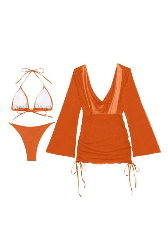 Women's 3 Piece Sunblock Bikini Set Halter Triangle Top Cheeky Bottom Sheer Long Sleeve Cover Up Ruched Tie Waist Dress Orange M