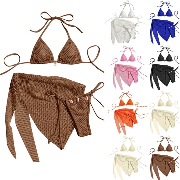 MGDXOX Women's 3 Piece Swimsuit Fishnet Halter Triangle String Bikini Set Bathing Suit with Cover Up Beach Skirt Black S