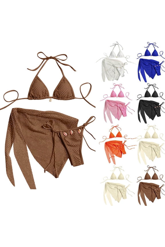 Women's 3 Piece Swimsuit Fishnet Halter Triangle String Bikini Set Bathing Suit with Cover Up Beach Skirt Pink M