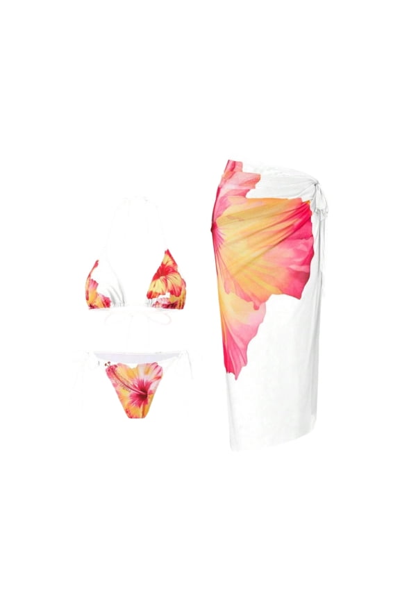 Women's 3 Piece Swimsuit Floral Halter Triangle String Bikini Tie Side Bottom with Boho Cover Up Skirt White M