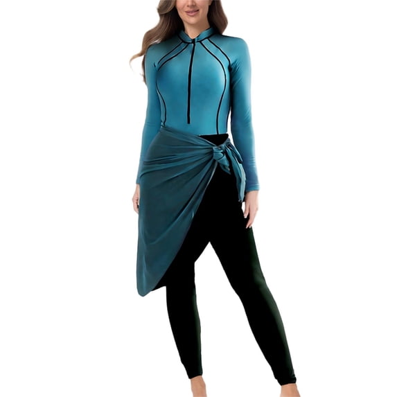 MGDXOX Women's 3 Piece Swimsuit Long Sleeve Rash Guard Full Coverage Athletic Surfing Bathing Suit with Sarong Wrap Swing Pants Light Blue L