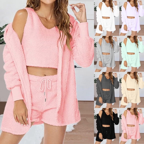 MGDXOX Women's 3PC Fleece Pajamas Sets Plain Long Sleeve Hoodies Coats Soft Comfy Crop Vest and Fuzzy Shorts Lounge Outfits Purple S
