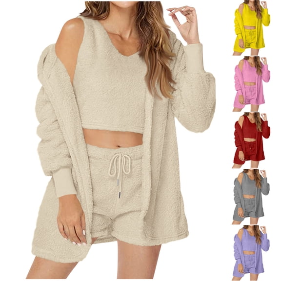 MGDXOX Women's 3PC Fleece Pajamas Sets Plain Long Sleeve Hoodies Coats Soft Comfy Crop Vest and Fuzzy Shorts Lounge Outfits Red M