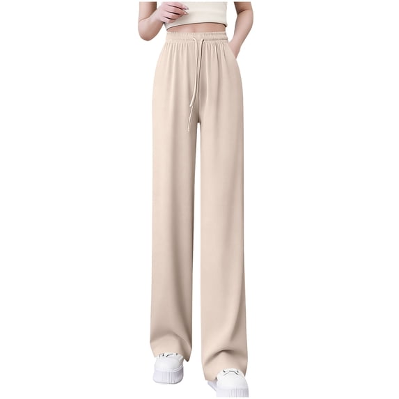 MGDXOX Women's Casual Loose Pants Wide Leg High Waisted Drawstring Loose Fit Sweatpants Comfy Flowy Solid Color Lounge Trousers Beige M