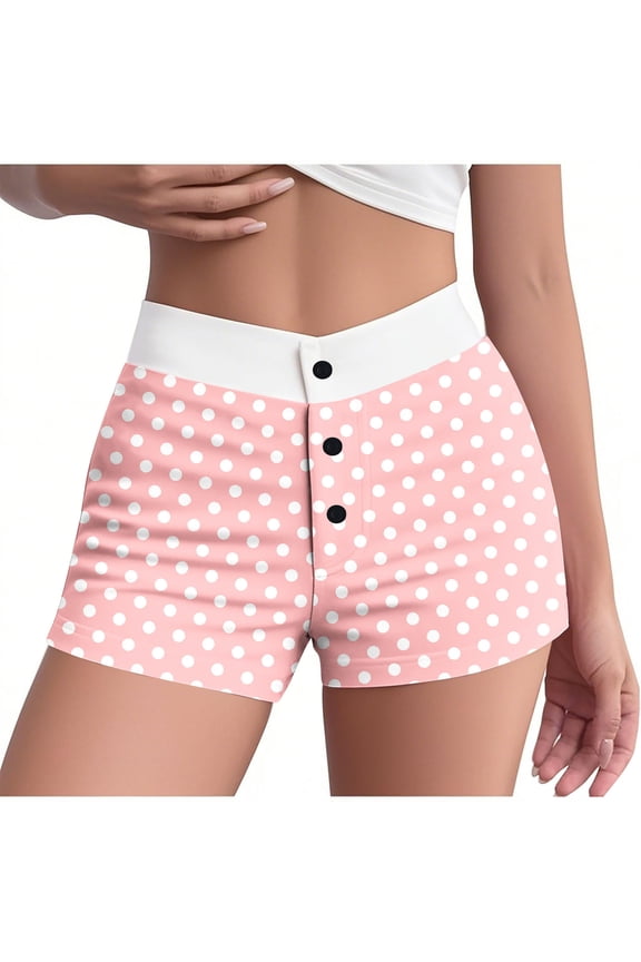 Women's Cute Print Boyshorts Underwear Button Elastic High Waist Pajama Shorts Booty Micro Summer Bottoms Pink S