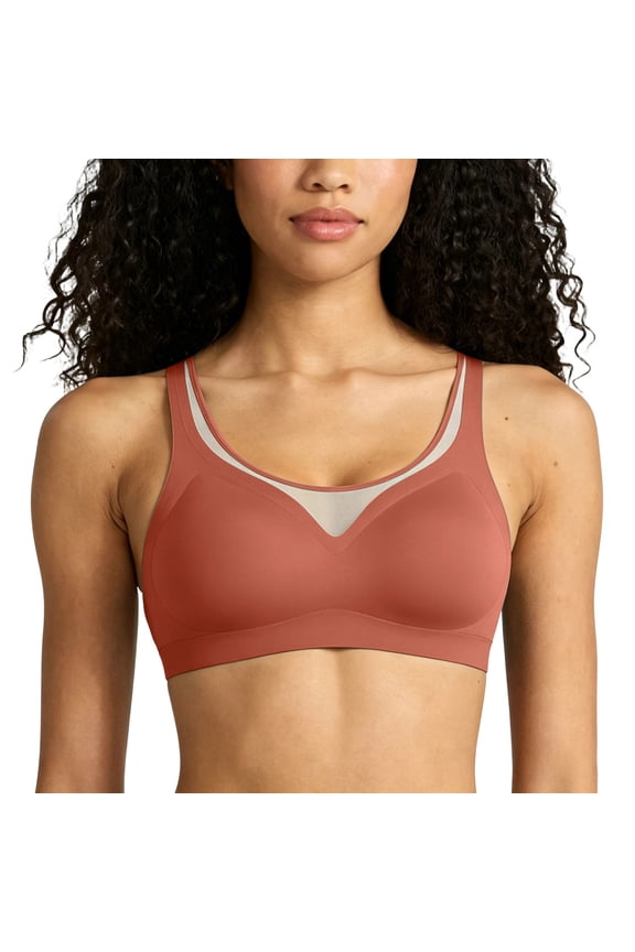 Women's Double Mesh Spliced U-Neck Wide Strap Wireless Seamless Everyday Lounge Bra Red L