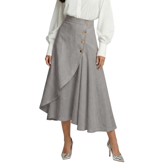 MGDXOX Women's Elegant Cotton Linen Midi Skirt High Waist Button Detail Wrap Asymmetric Hem Flowy Skirt for Office Work Gray M