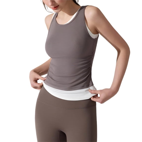 MGDXOX Women's Fake Two-Piece Workout Tank Top Layered Look Sleeveless Athletic Shirt Slim Fit Gym Yoga Top for Running & Training Khaki XL