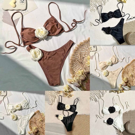 MGDXOX Women's Fashion Floral Appliques Cute Bathing Suit High Waisted Solid Color Tie Back Swimsuit Bikini Set Black XL