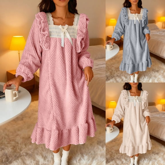 MGDXOX Women's Flannel Plush Winter Nightgowns Loose Long Sleeve Comfy Fuzzy Soft Sleepwear Pajama Dress with Ruffle Hem Beige M
