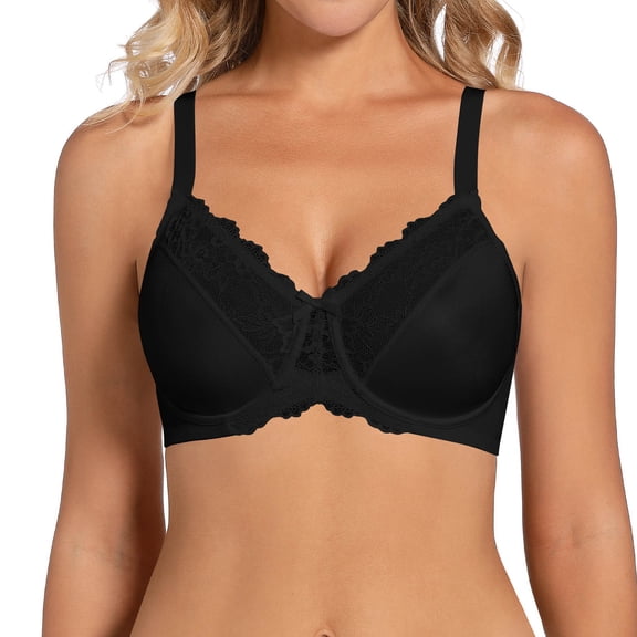 MGDXOX Women's Floral Lace Underwire Full Coverage Bra, Soft Side Support Minimizer Bra, Breathable Everyday Shaping Bra for Large Bust Black 80B